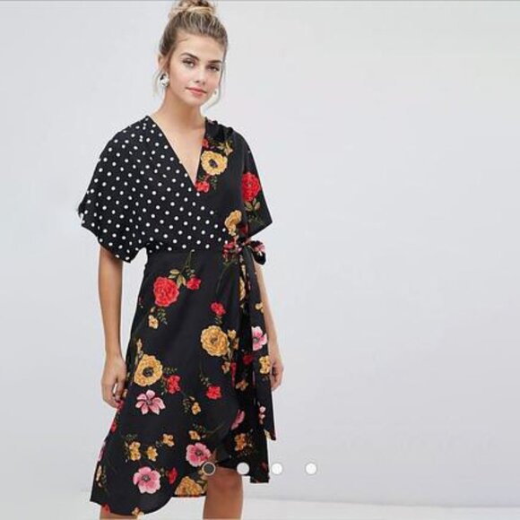 Influence Kimono Sleeve Wrap Dress in Polkadot and Floral Print - Picture 1 of 3